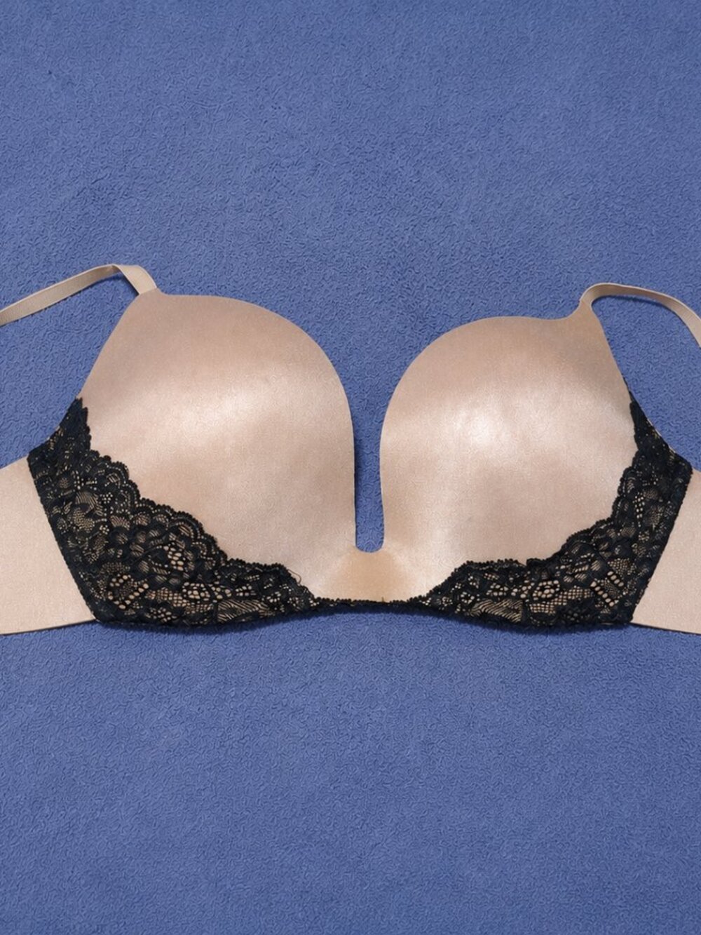 Victoria's Secret Satin Nude Push-Up Bra with Black Lace Trim 36D Good condition - Picture 2 of 5
